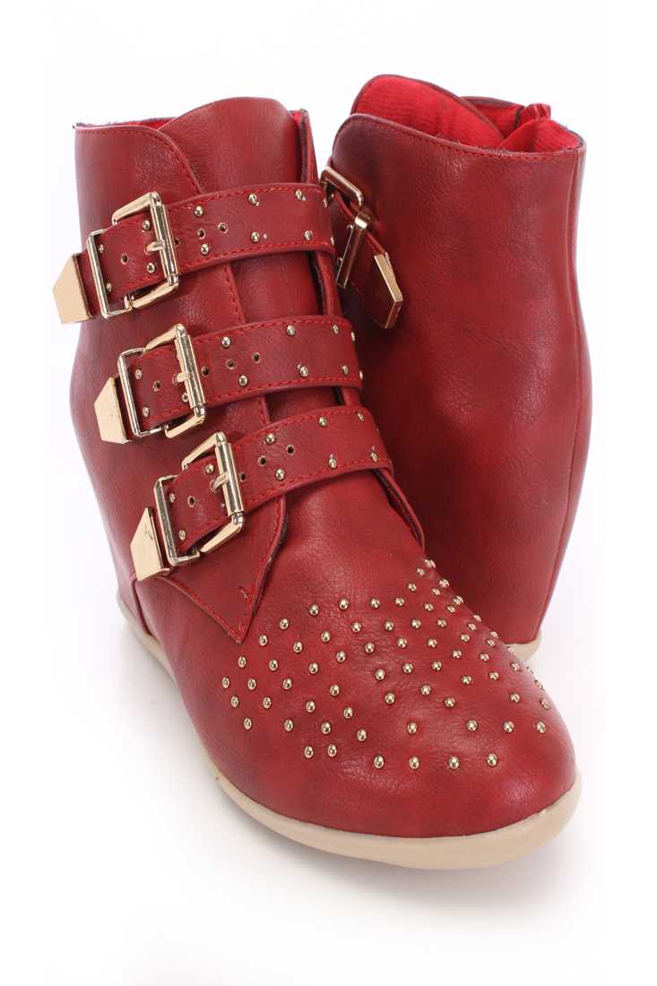 Red Studded Strappy Sneaker Wedges Faux Leather