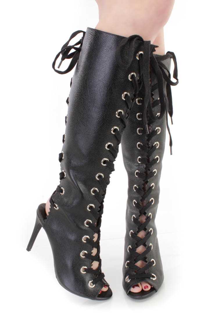 Black Lace Up Peep Toe Boots Faux Leather