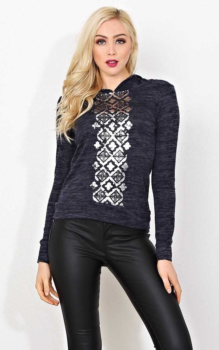 Foil Diamond Graphic Hoodie - LGE - Navy in Size Large by Styles For Less