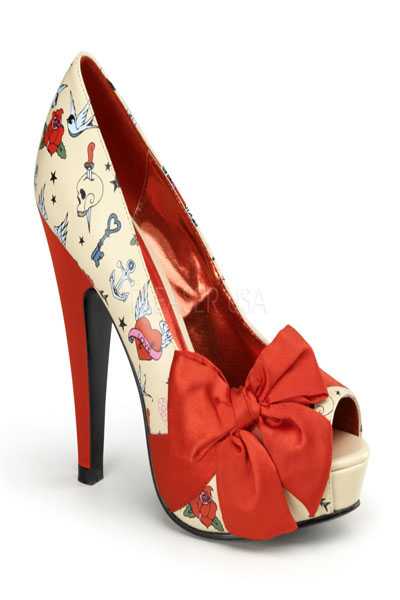 Cream Red Faux Leather Tattoo Print Satin Bow Tie High Heels