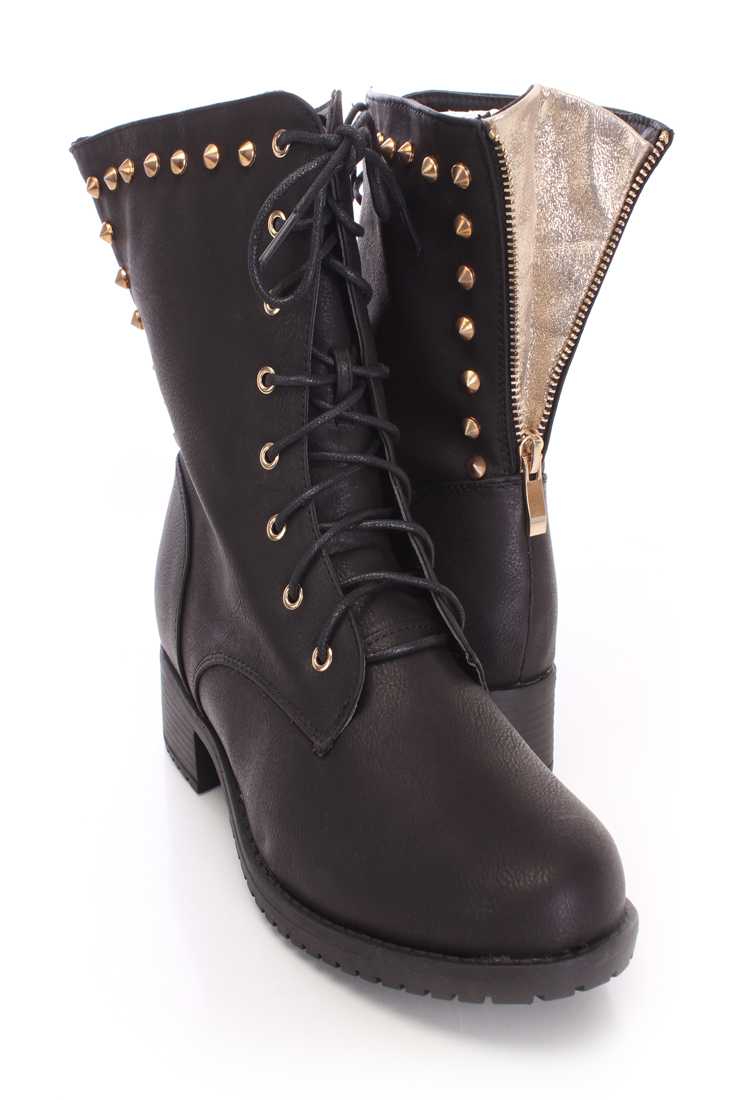 Black Spike Studded Shimmer Accents Boots Faux Leather