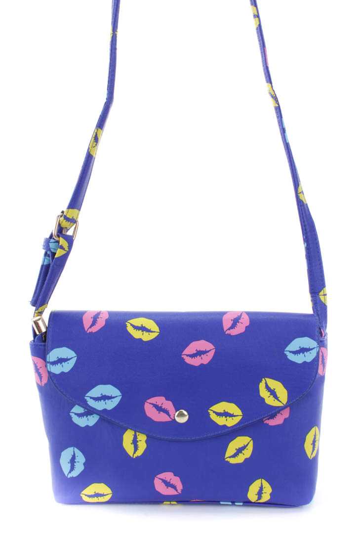 Blue Lip Pattern Shoulder Strap Handbag