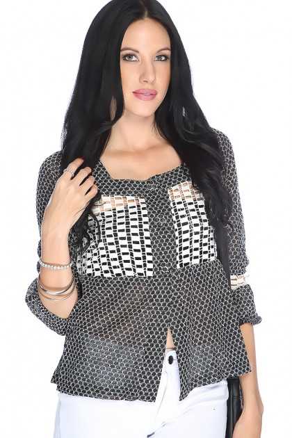 Black White Crochet Button Up Dressy Top