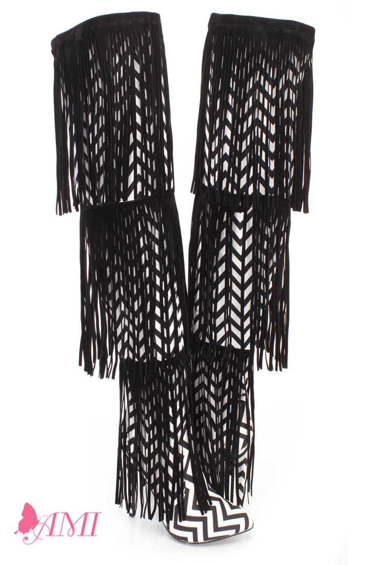 Black White Chevron Pattern Fringe Thigh High Heel Boots Fabric