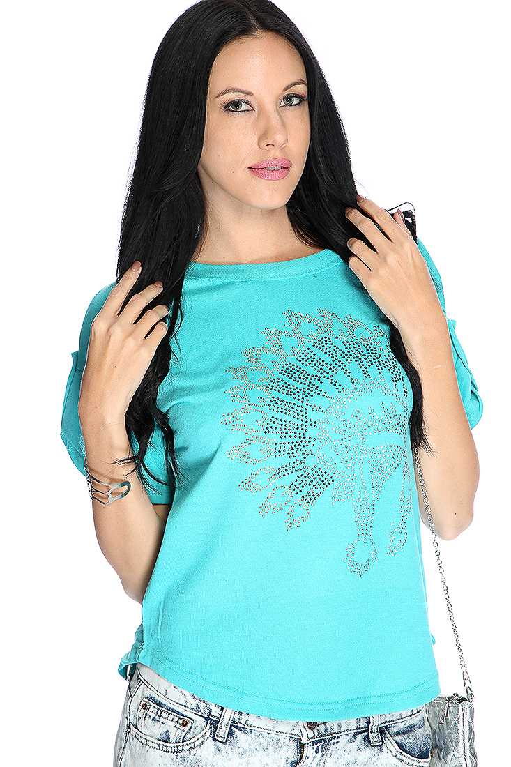 Mint Blue Short Sleeves Rhinestone Accent Lace Top