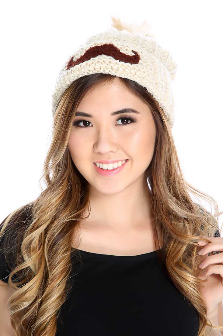 Beige Mustache Patch Knitted Beanie