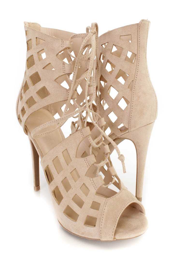 Natural Lace Up Peep Toe Heels Faux Suede