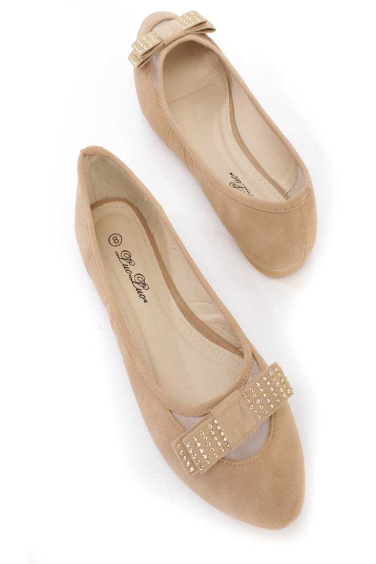 Beige Bow Tie Rhinestone Decor Ballerina Flats Faux Leather