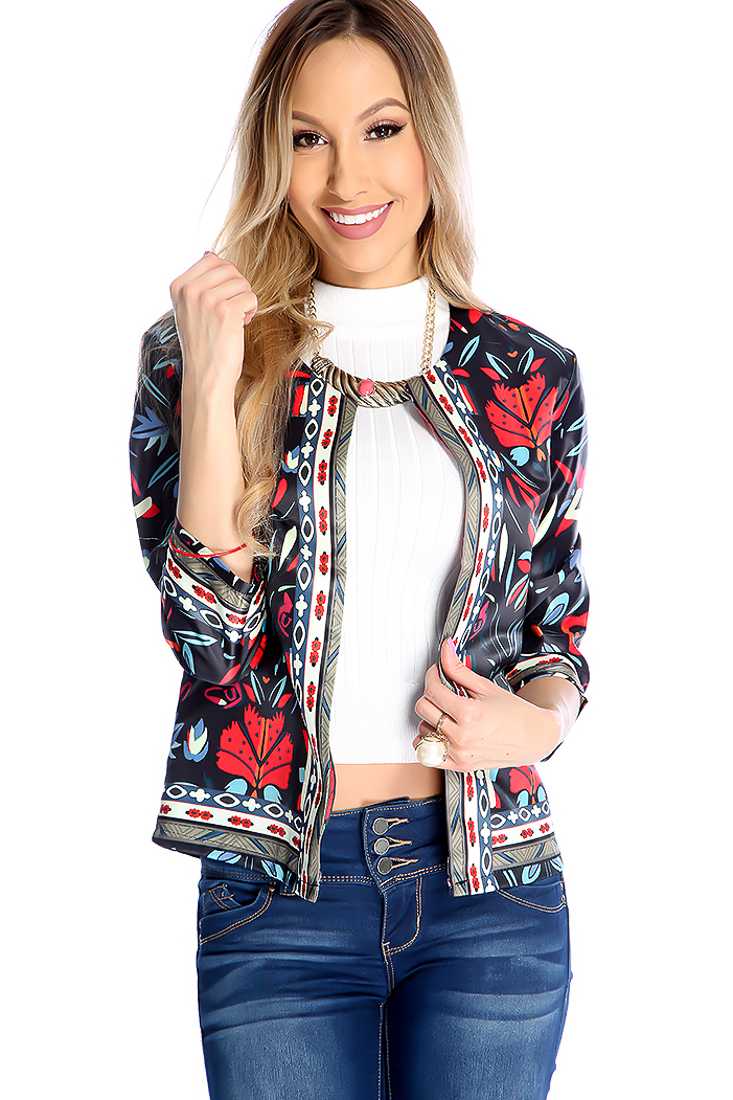 Casual Black Red Floral Print Cropped Kimono Jacket