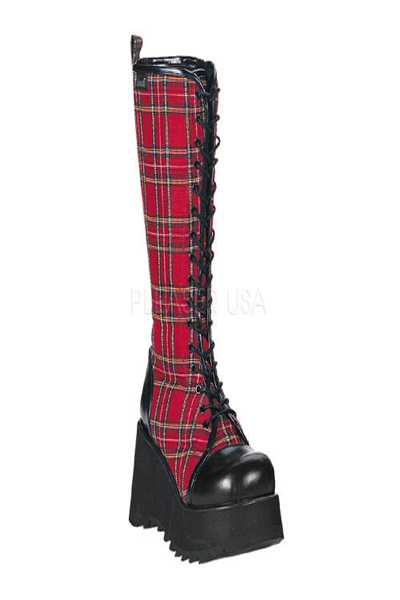 Red Black Plaid Faux Leather Platform Boots