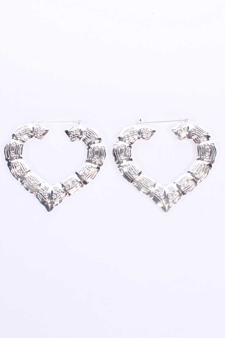 Silver Heart Shape Texture Dangle Medium Earrings