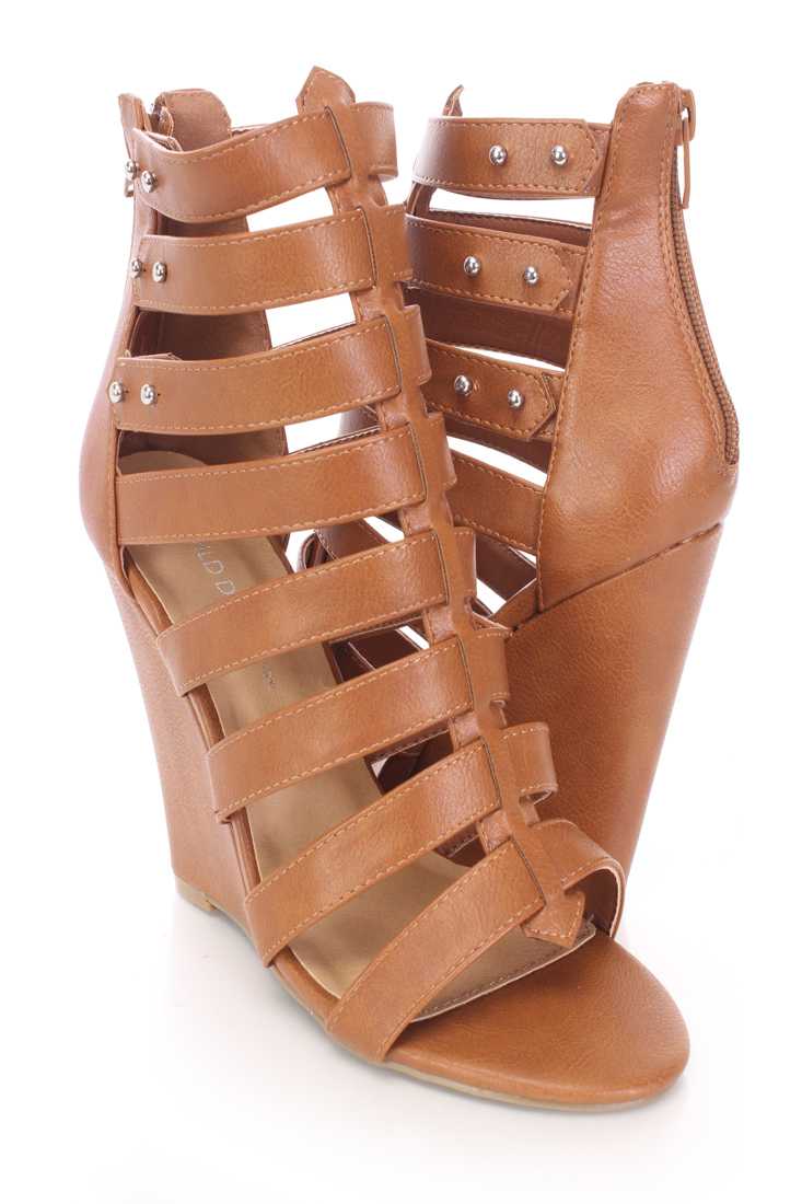 Whiskey Strappy Peep Toe Single Sole Wedges Faux Leather