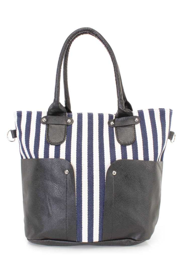Navy Black Striped Faux Leather Front Pockets Shoulder Handbag