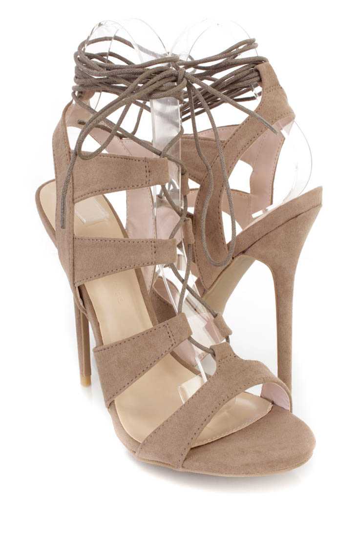 Taupe Peep Toe Lace Up Single Sole Heels Faux Suede