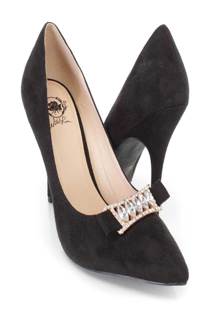 Black Rhinestone Decor Single Sole Pump Heels Faux Suede