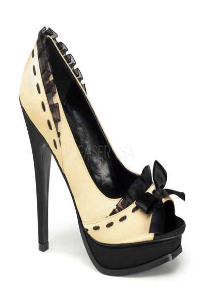 Champagne Black Satin Lace Ruffled Edges Peep Toe Pumps