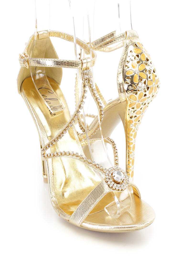 Gold Rhinestone Strappy Single Sole Heels Faux Leather