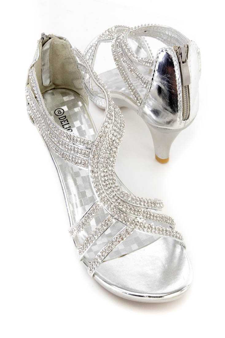 Silver Rhinestone Detailing Open Toe Heels Faux Leather