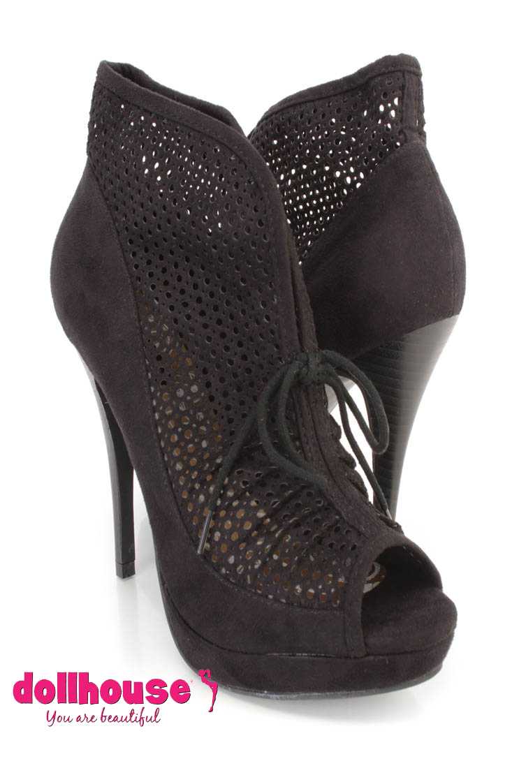 Black Perforated Ankle Booties Faux Leather
