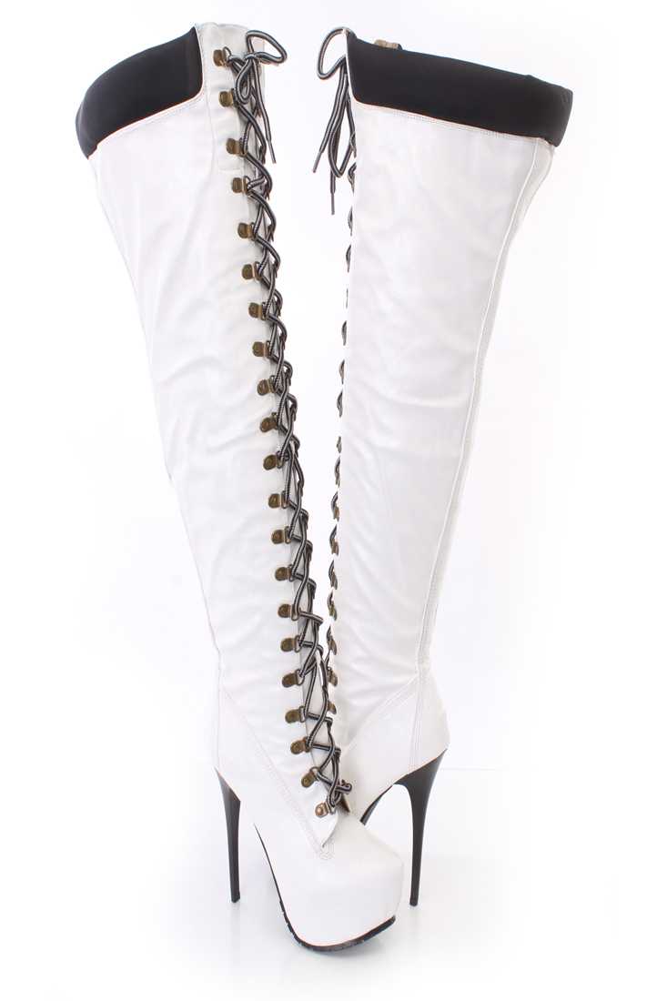 White Lace Up Thigh High Platform Boots Faux Leather