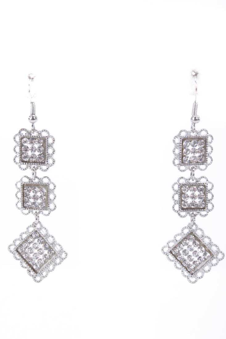 Silver High Polish Rhinestone Charm Dangle Earrings