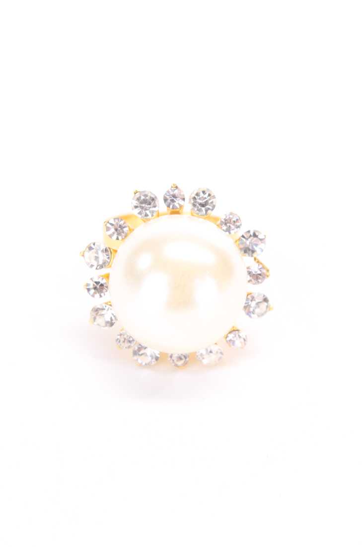 Gold High Polish Over Sized Pearl Rhinestone Lining Ring