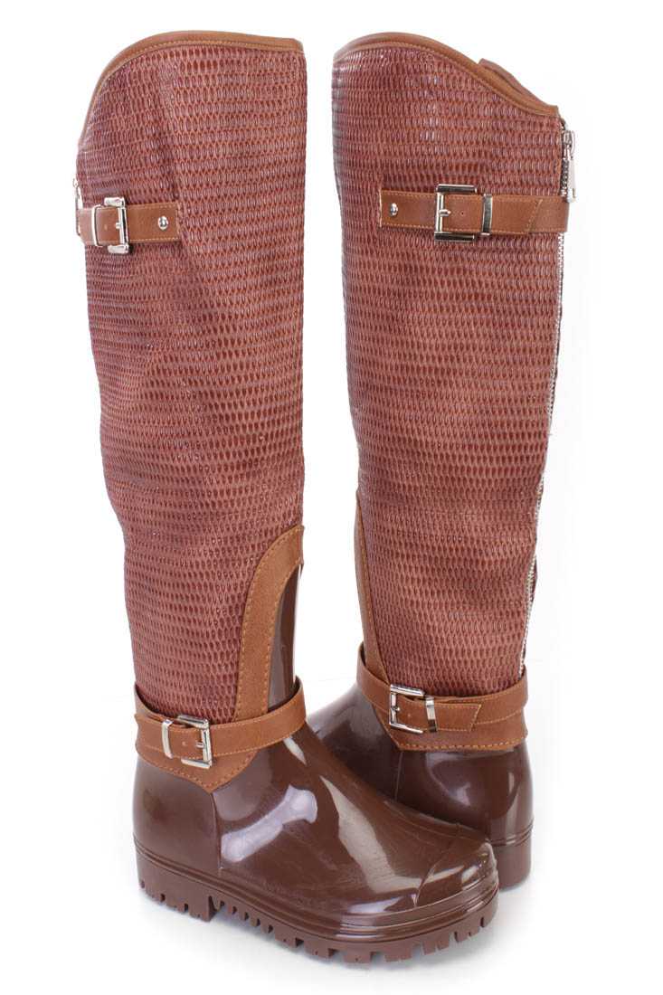Tan Textured Knee High Boots Patent Faux Leather