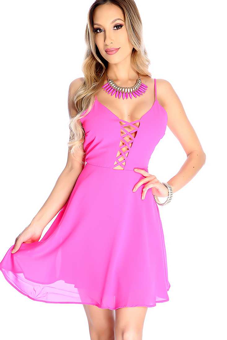 Sexy Fuchsia Sleeveless Strappy Design Cocktail Dress