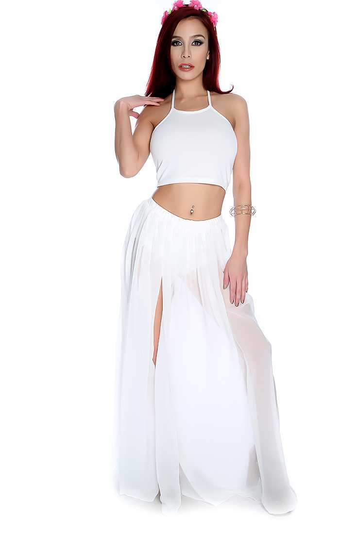 Sexy White Halter High Waist 2 Piece Dress