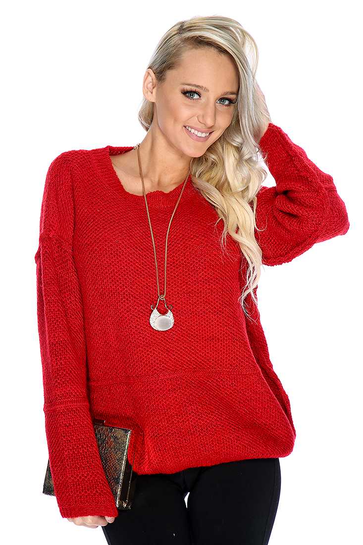 Red Long Sleeve Open Knit Casual Sweater