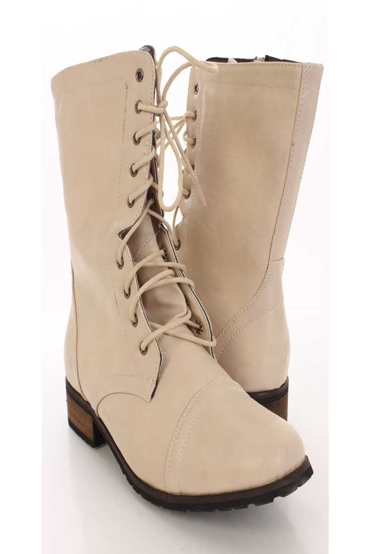 Beige Faux Leather Lace Up Combat Boots