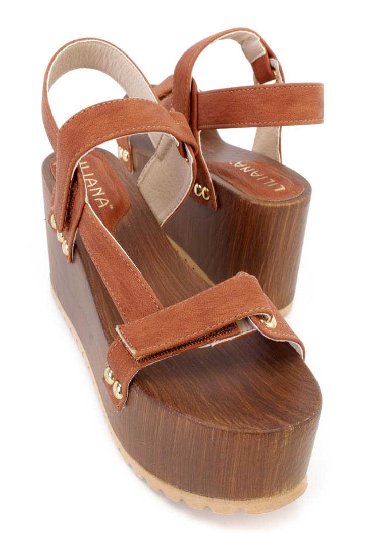 Cognac Strappy Platform Sandal Wedges Faux Leather