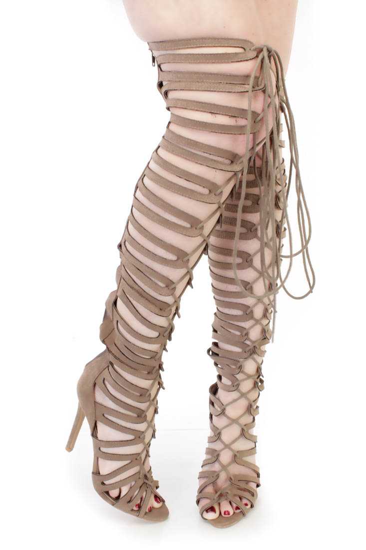 Taupe Thigh High Single Sole Gladiator Heels Faux Suede