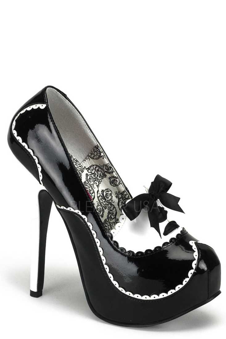 Black White Scalloped Trim Platform High Heels Patent