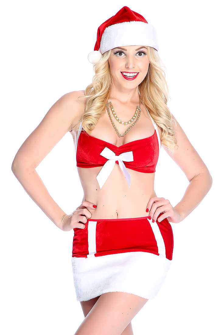 Red White 3 Piece Faux Fur Trim Holiday Costume Set