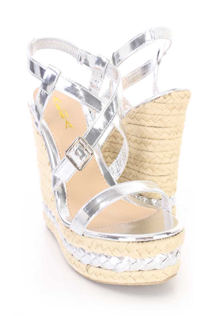 Silver Cross Strappy Espadrille Platform Wedges Faux Leather