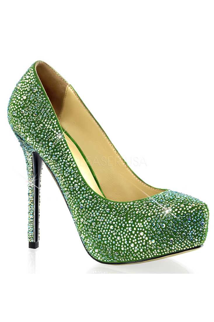 Green Rhinestone Platform Pump Heels Faux Suede