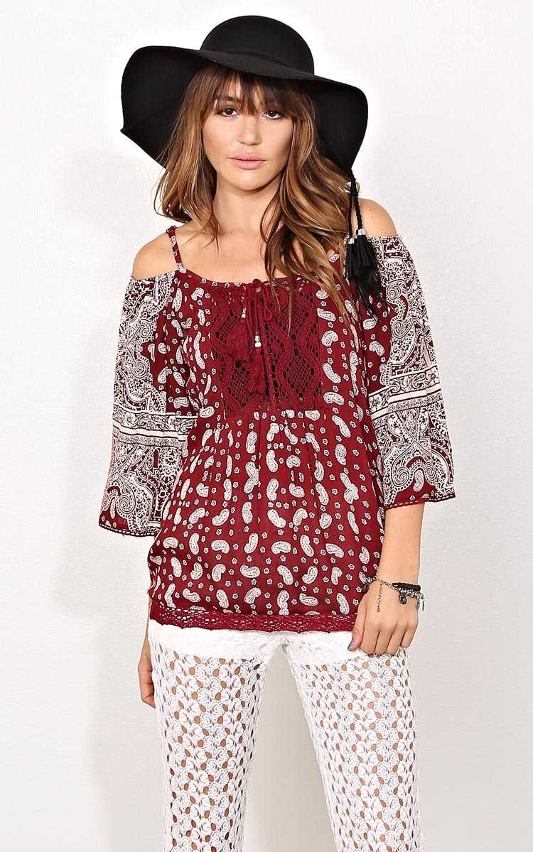 ANGIE Burgundy Paisley Dreams Woven Top - - Burgundy in Size by Styles For Less