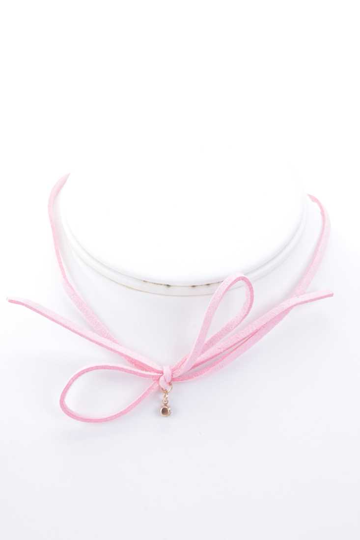 Pink Faux Suede Bow Tie Rhinestone Detail Choker Necklace