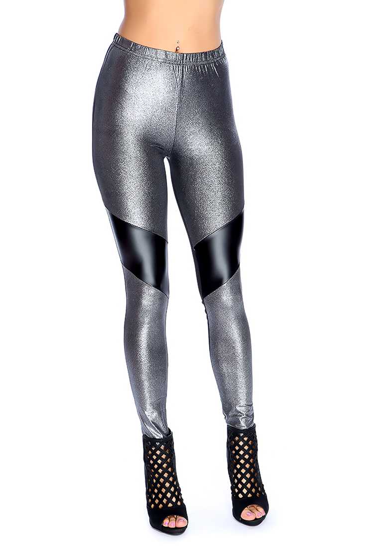 Silver Black Shimmer Fabric Faux Leather Leggings