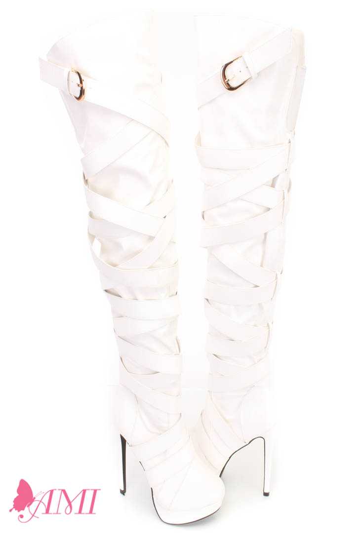White Wrap Around Strappy Thigh High Heel Boots Faux Leather