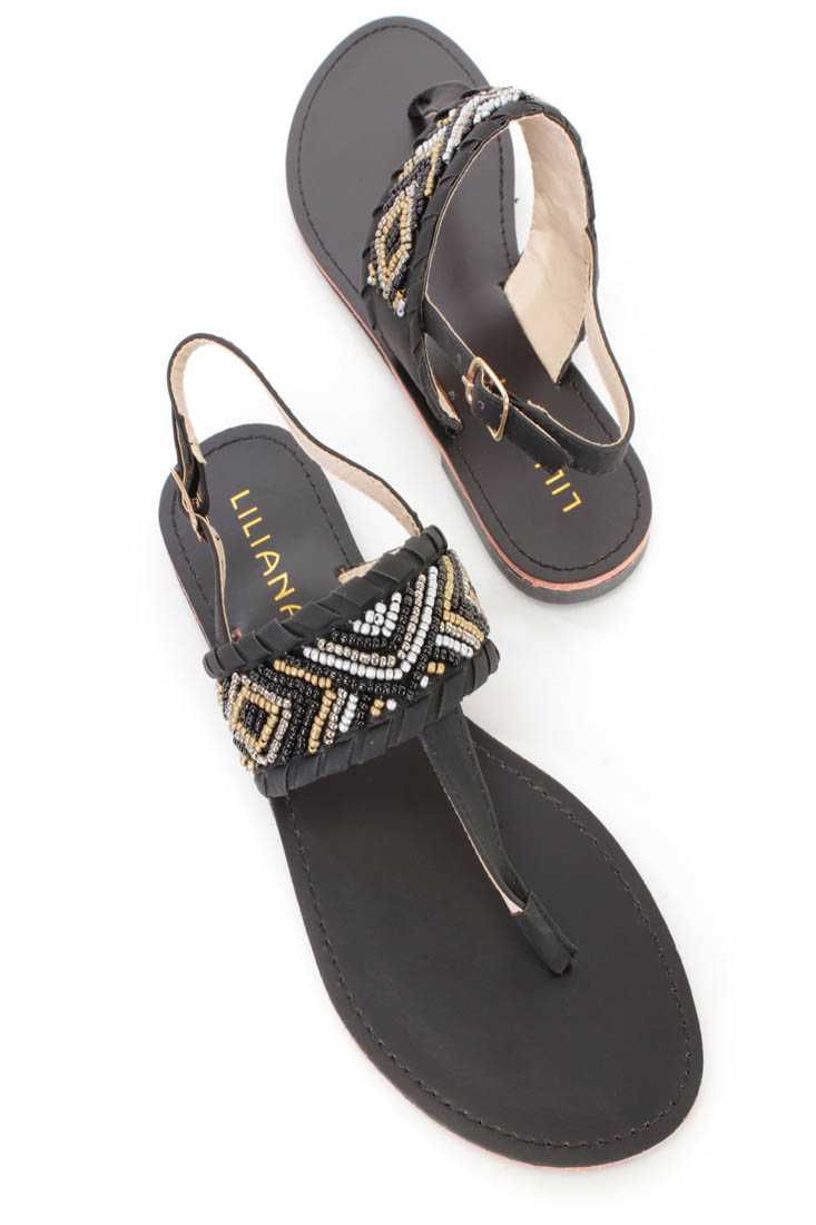 Black Tribal Beaded Slingback Sandals Faux Leather