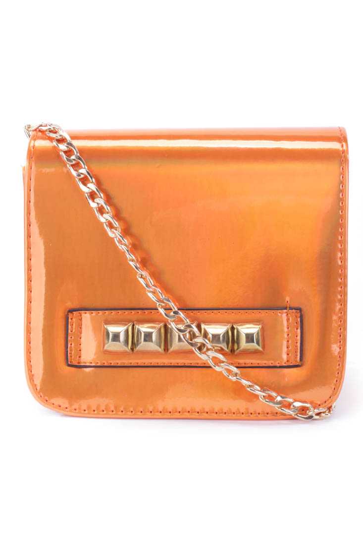 Metallic Orange Patent Faux Leather Chain Strap Studded Handbag
