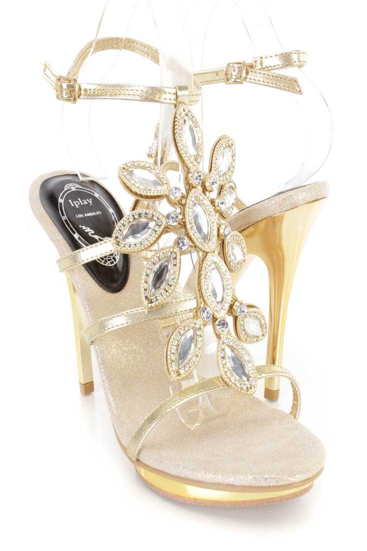 Gold Gemstone Strappy High Heels Faux Leather