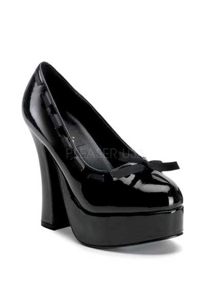 Black Patent Faux Leather Stitched Bow Pump High Heels