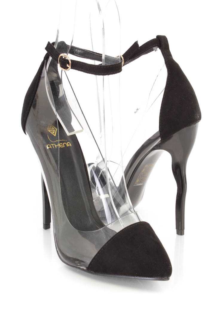 Black Ankle Strap Single Sole High Heels Faux Suede