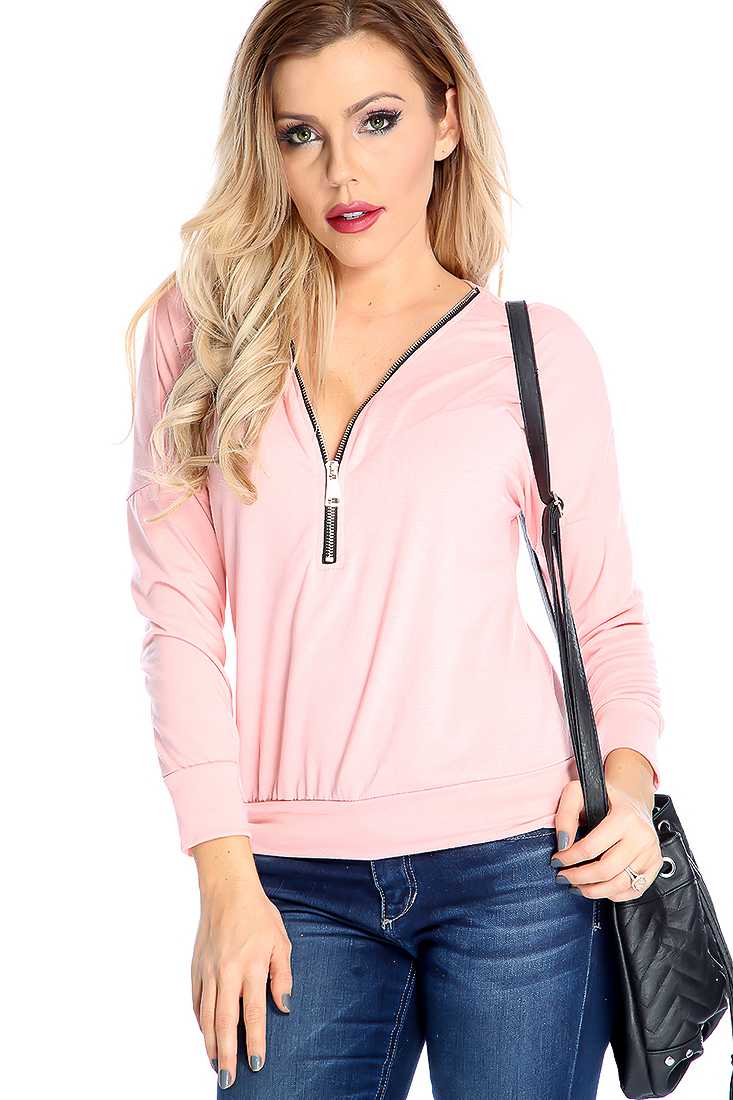 Dusty Pink Zip Up Long Sleeve Casual Top