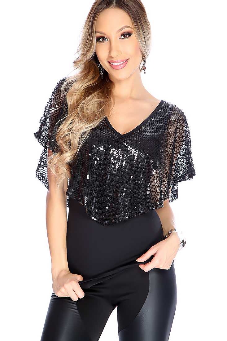 Black Sequins Detail Overlay Dressy Top