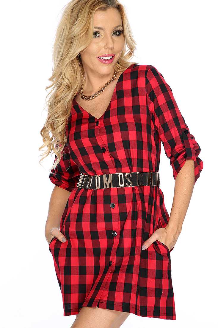 Red Black Gingham Pattern Button Up Casual Dress