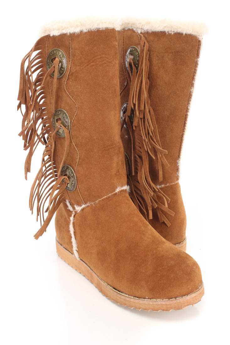 Cognac Button Detail Faux Fur Trimmed Boots Faux Suede
